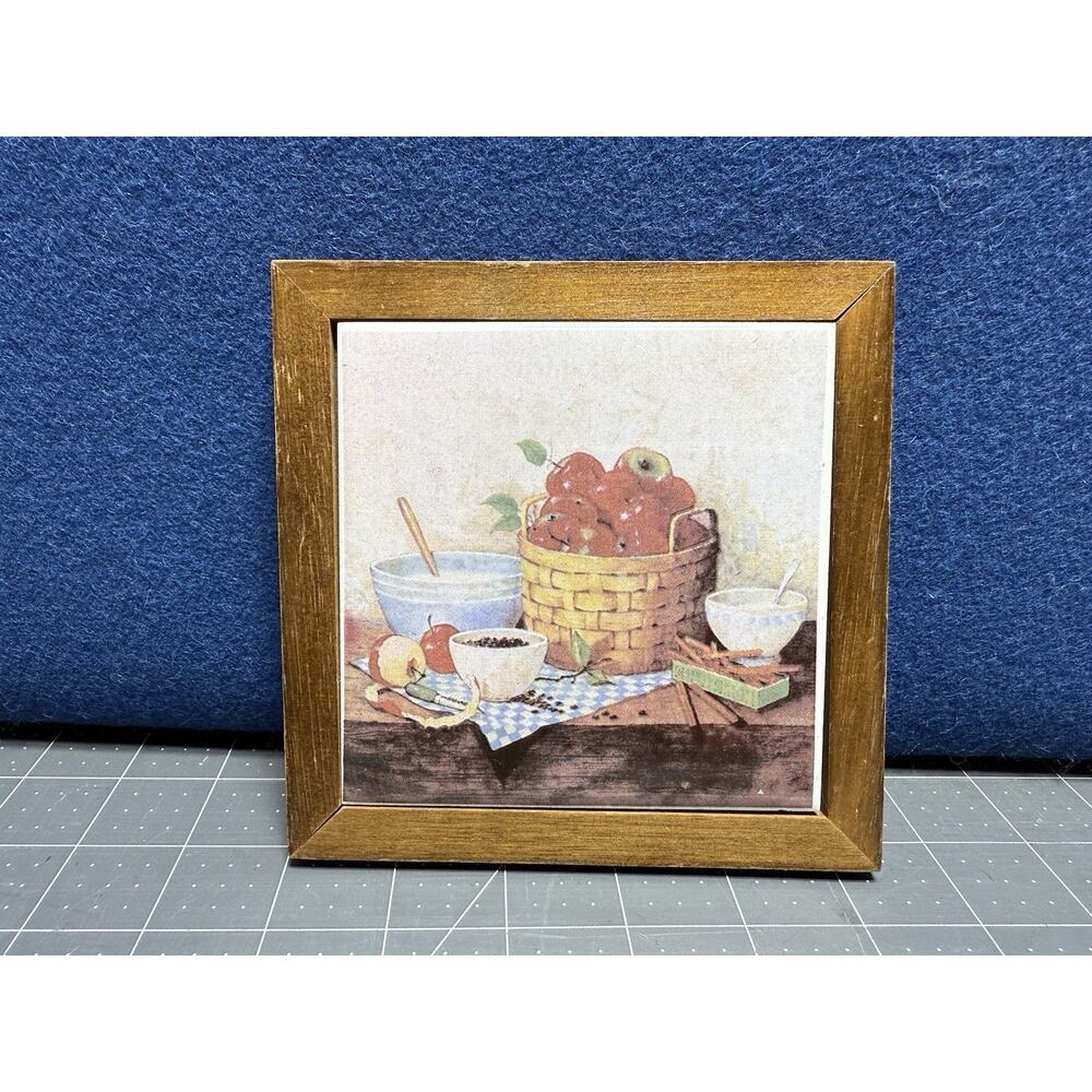 Vintage Tile Hanging Wooden Wall Trivet Apple Basket Mixing Bowl MCM‎